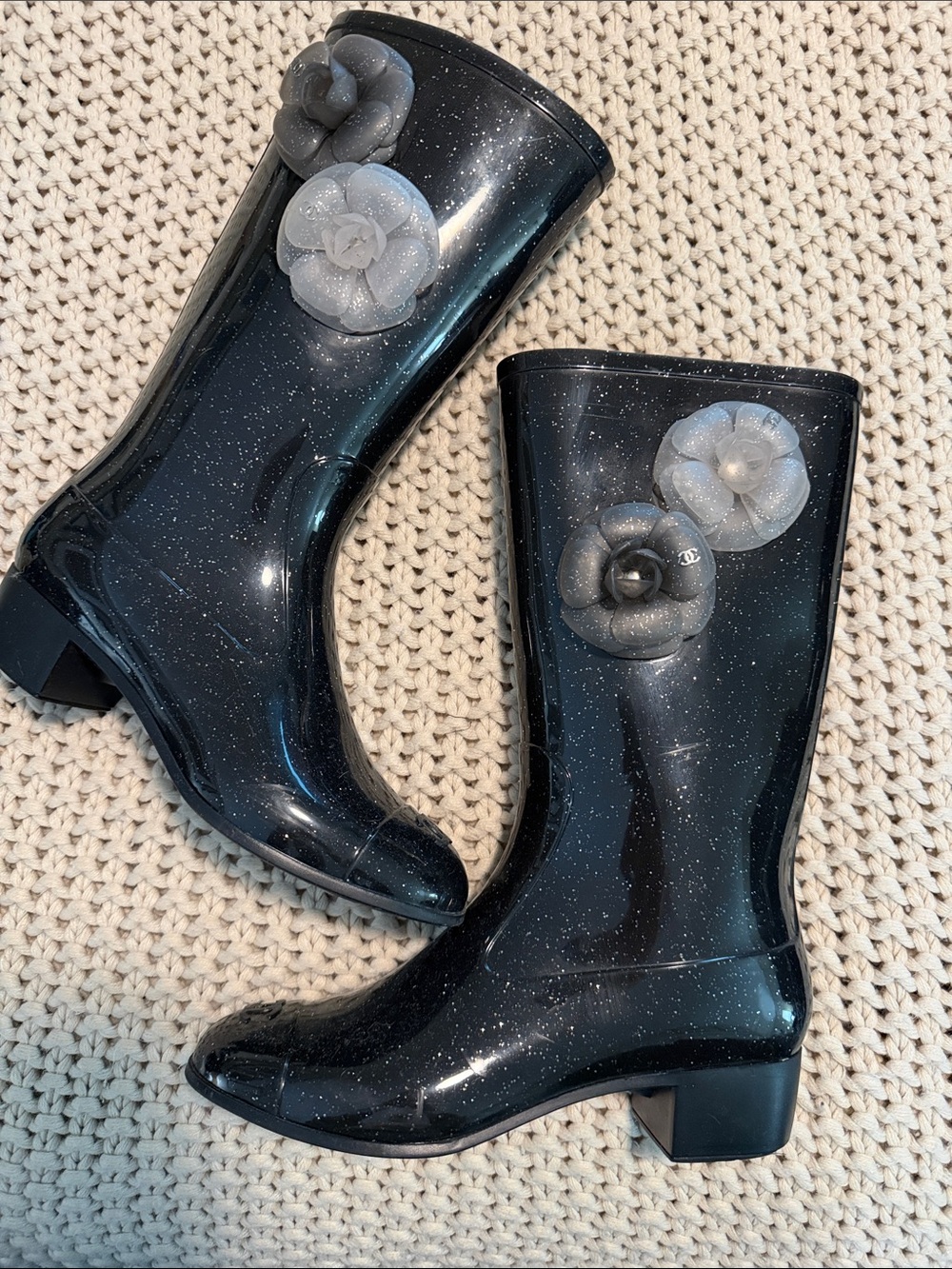 CHANEL Black Glitter Camellia Mid-Calf Rain Boots